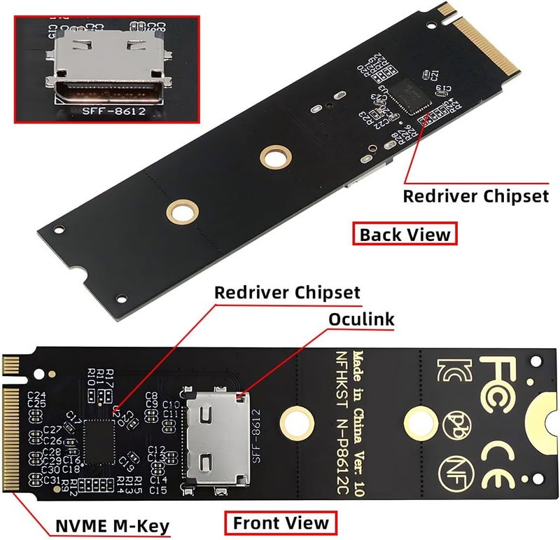 CY Adapter 2280 PCI-E4.0 M.2 M-Key NVME to Oculink SFF-8612 SFF-8611 Host Adapter with Linear Redriver for U.2 SSD eGPU Over Long Cable Lengths - Image 4